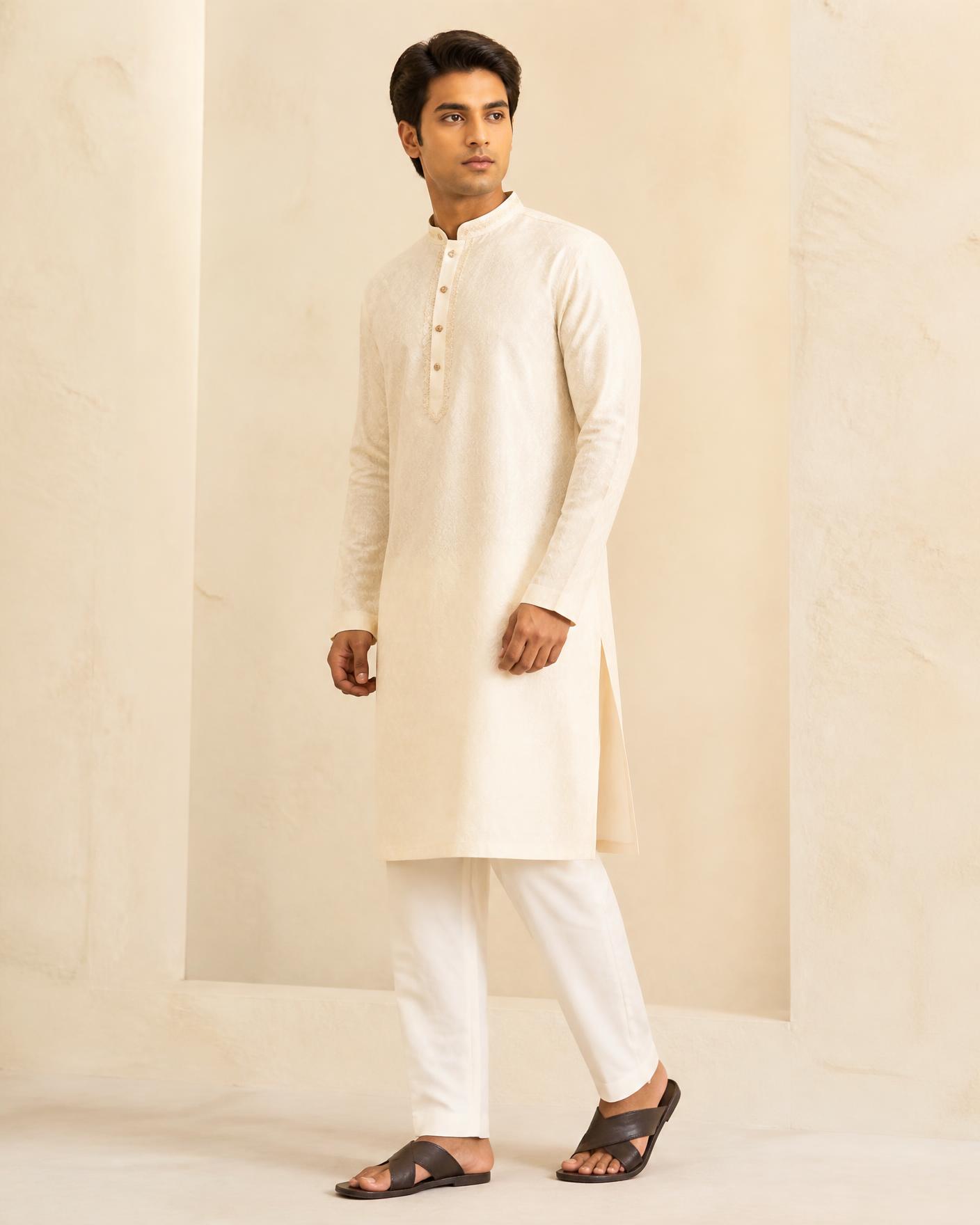 Man wearing a cream premium Panjabi by Khantailors